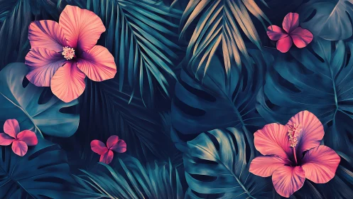Tropical Floral Composition with Pink Hibiscus and Foliage