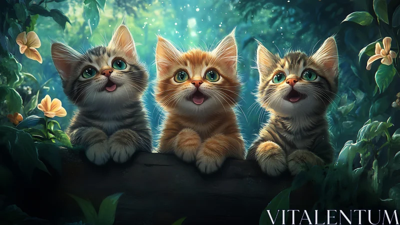 Three animated kittens with bright eyes in magical forest setting.