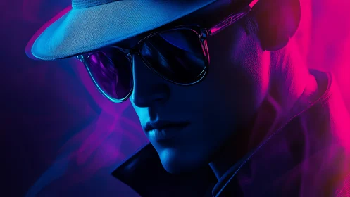 Neon side-lit detective portrait with mirrored sunglasses profile