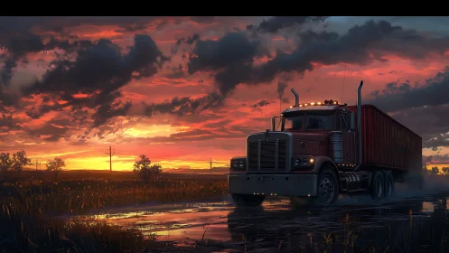 Midnight hauler glides through storm-kissed sunset wetlands.