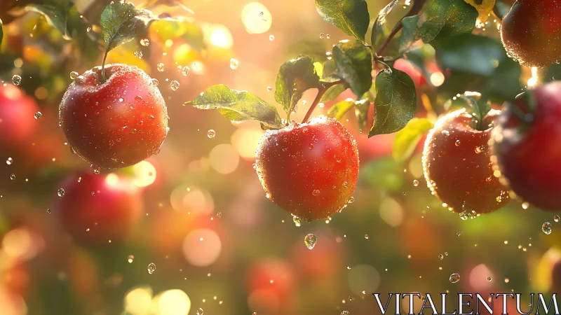Sunlit red apples with water droplets on orchard branches.