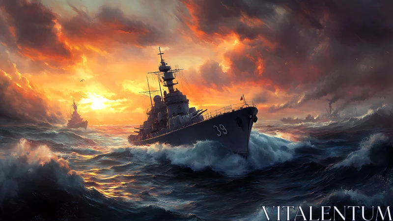 Storm-forged warship charges through blazing ocean dusk.