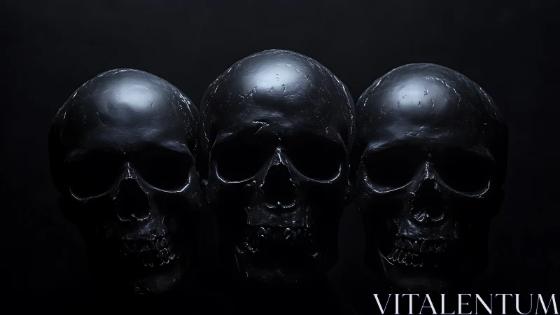 Triadic black skull study with low‑key chiaroscuro lighting.