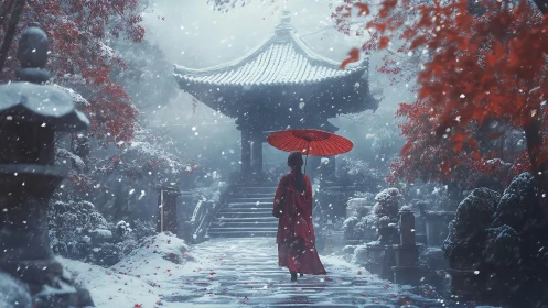 Red parasol figure in snow-laden Japanese temple approach.