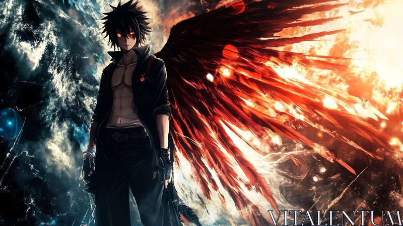 Dark winged anime warrior amid cosmic firestorm.