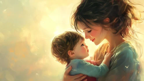 Mother and Child in Warm Golden Light Embrace. Digital Illustration.