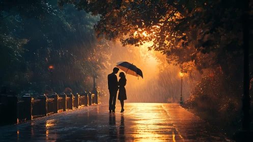Silhouetted couple sharing umbrella beneath golden rain and amber foliage