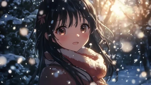 Snowlit anime girl in scarf under glowing winter sunset.