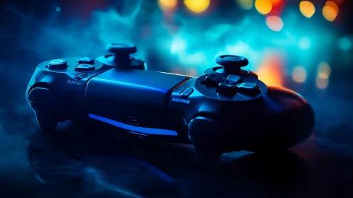 Dual Gaming Controllers Under Luminescent Ambient Bokeh Composition.