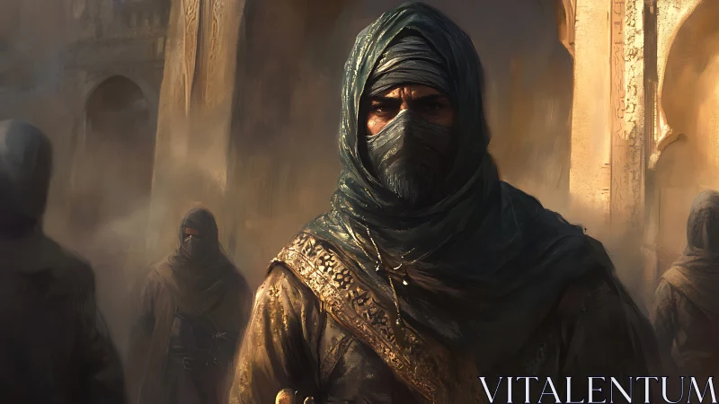 Mysterious desert wanderer in golden sunlit arches.