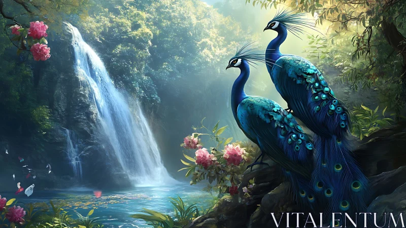 Peacocks on riverside rock with forest waterfall backdrop.
