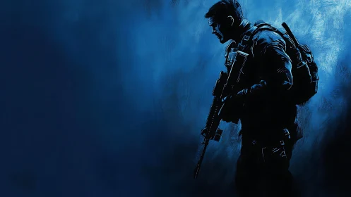 Tactical soldier silhouette in blue monochrome digital render.