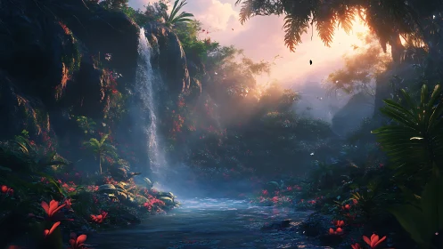 Luminous rainforest waterfall at dawn with mist and flora