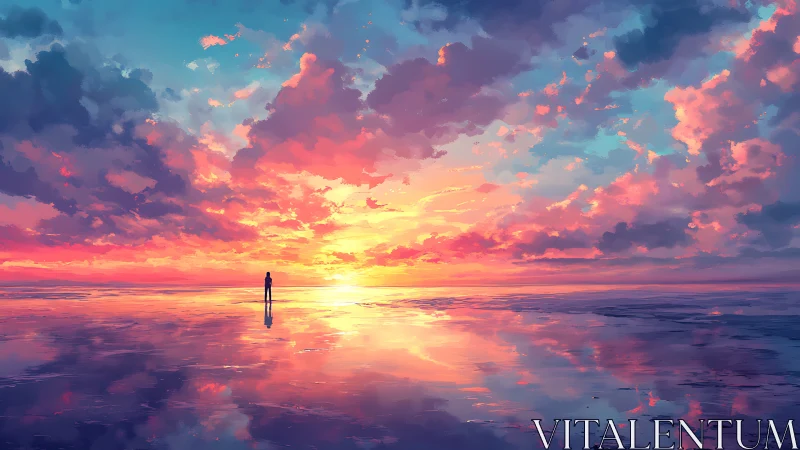 Solitary dreamer walking across a mirrored sunset sea.
