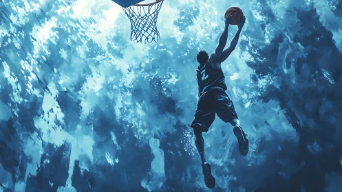 Digital painting of soaring basketball dunk in blue sky.