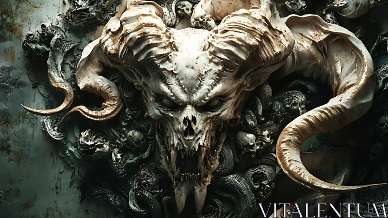 Demonic ram skull relief with twisted horns and skull motif.