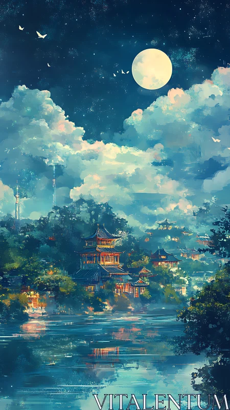 Moonlit riverside pagoda city under luminous clouded sky.