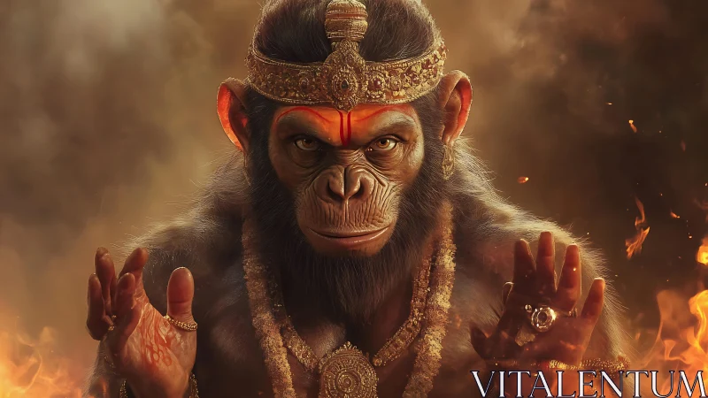 Simian humanoid figure in ornate crown stands amid flames