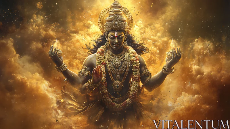 Radiant deity emerges in swirling golden celestial clouds