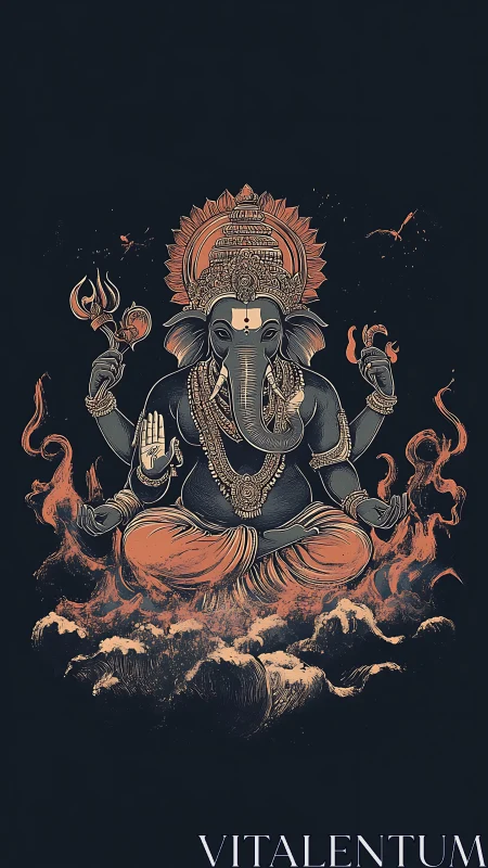 Divine elephant-headed deity rendered in glowing firelit lines.