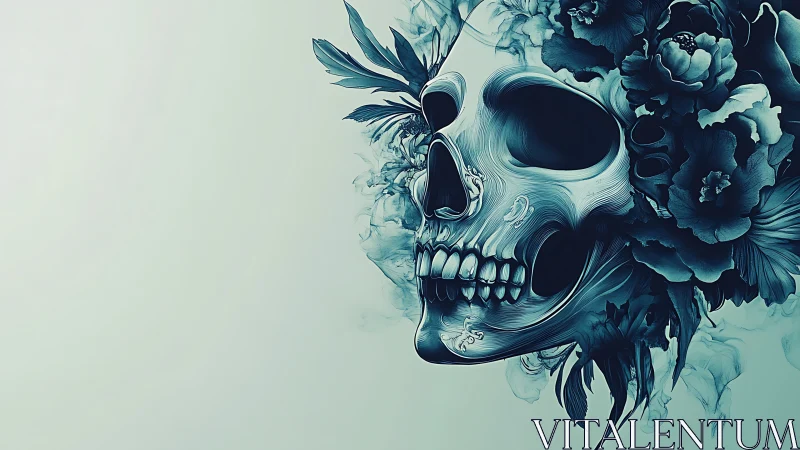 Floral skull illustration with smoke on pale teal background.