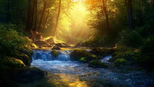 Luminous forest stream under golden sunrise rays in mist.