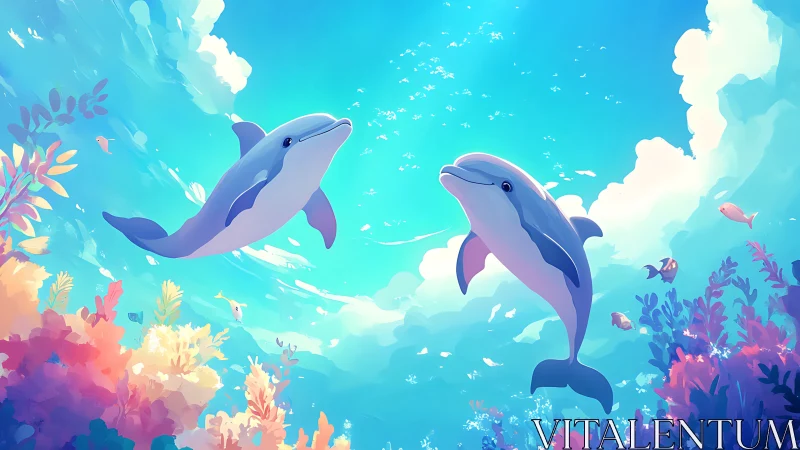 Playful dolphins drifting through a pastel coral daydream.
