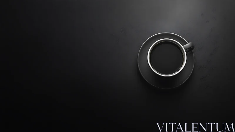 Monochrome coffee cup top view on matte black backdrop.