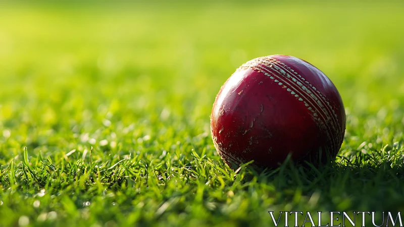 Weathered red cricket ball resting on sunlit turf with shallow DOF