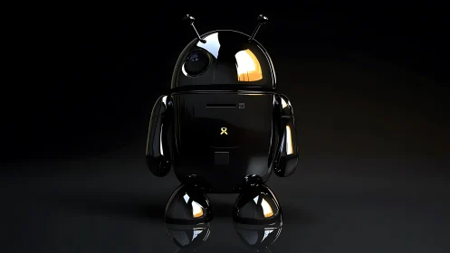Glossy black android robot stands against dark background