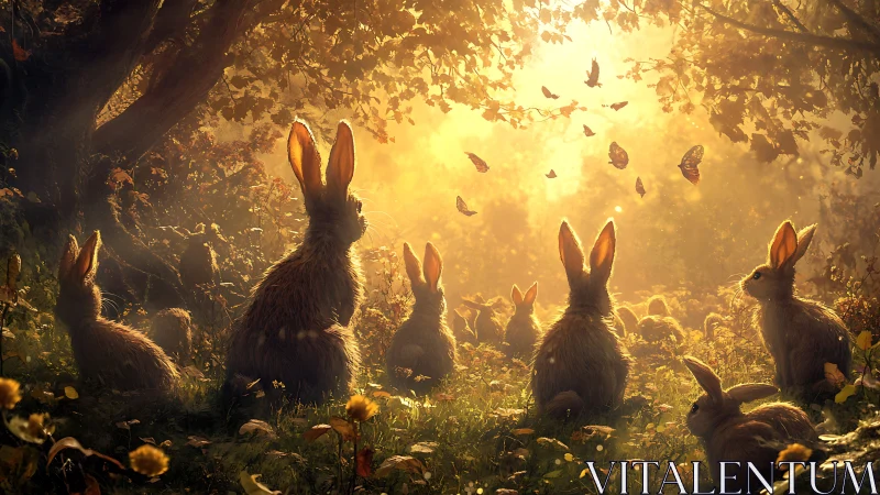 Group of rabbits sits in sunlit forest clearing watching butterflies
