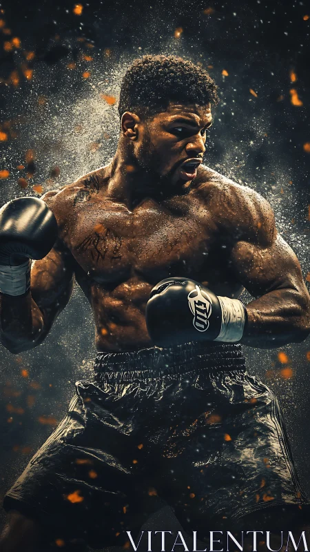 Athlete in Boxing Stance with Dynamic Particle Dispersion Effect