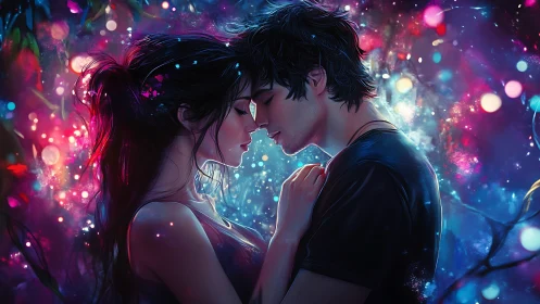 Neon-lit intimate moment between two figures with luminous particles.