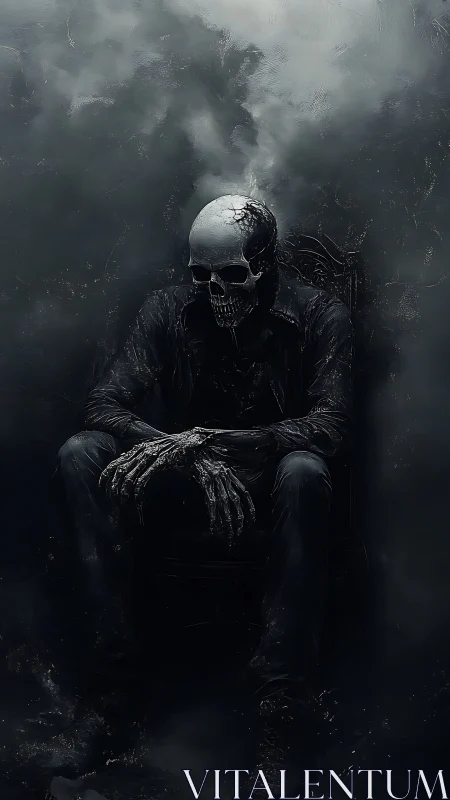 Skeletal figure sits in dense smoke-filled dark environment