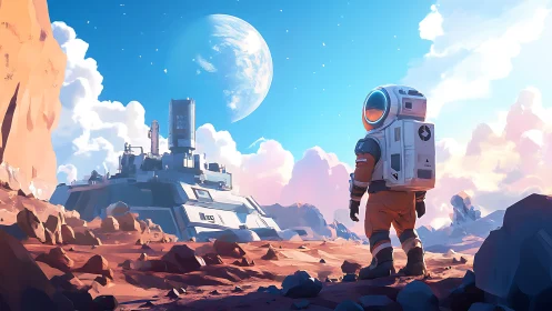 Rookie Martian explorer gazes toward a newborn frontier base.