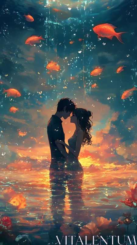 Underwater Embrace: Silhouetted Couple Among Luminescent Fish and Golden Light