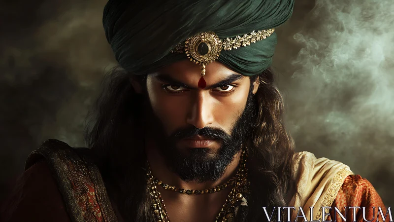 Intense warrior prince in jeweled turban amid swirling smoke.