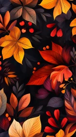 Autumn foliage pattern with stylized leaves on dark ground.