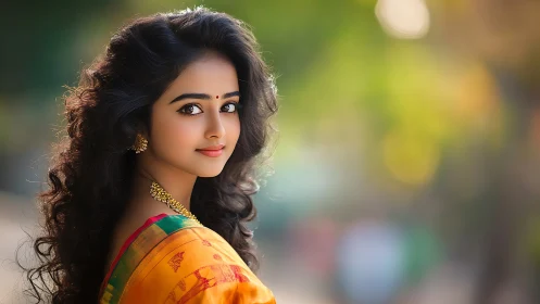 Portrait of woman in sari with jewelry outdoors.