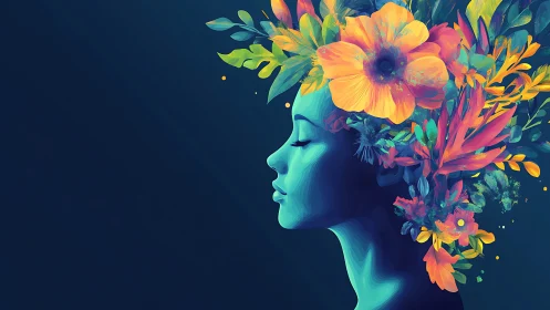 Chromatic female profile with botanically saturated headpiece.