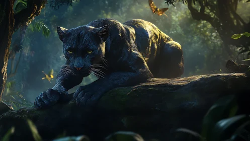 Black Panther on Log in Jungle Environment