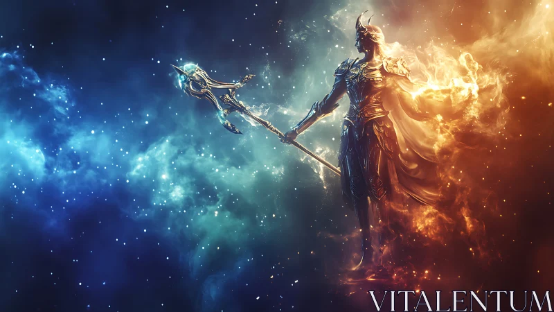 Celestial elemental warrior rendered in cosmic fire and ice.