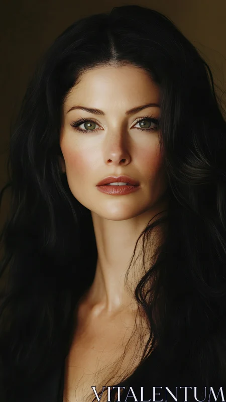 Portrait shows dark haired woman under soft studio lighting