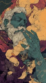 Dreaming sage in swirling ochre smoke clouds illustration.