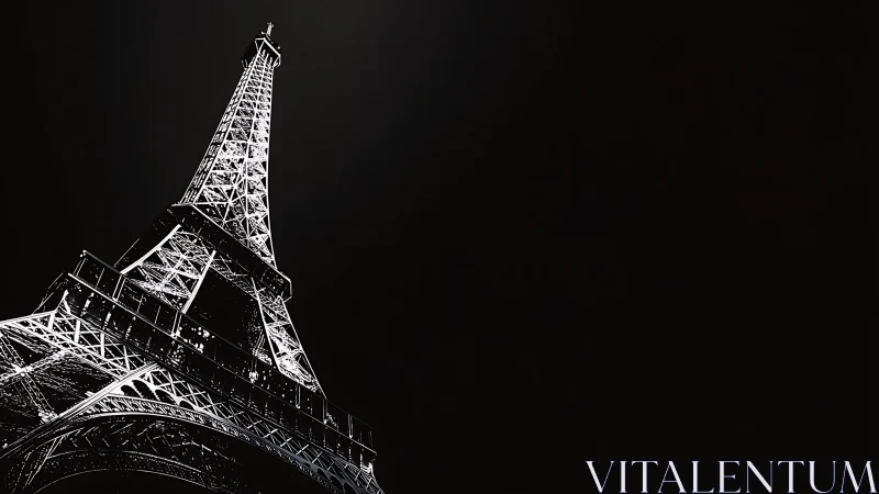 Monochrome Eiffel Tower study in stark diagonal perspective.