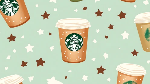 Cozy coffee cups drifting through a minty starry sky.