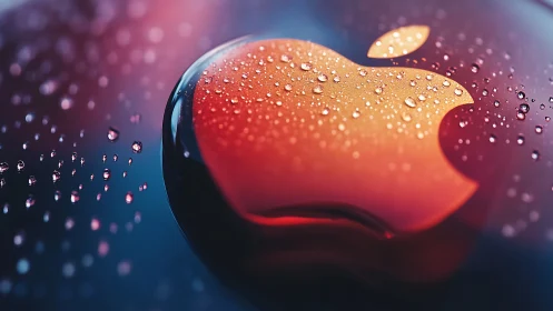 Rain-kissed fruit logo gleams through neon-tinted glass fog