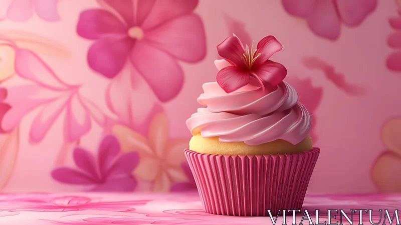 Pink Frosted Cupcake With Floral Topper.