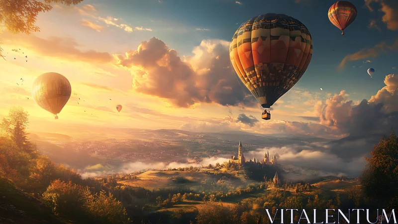 Golden hot air balloons drift above a dreamy valley kingdom