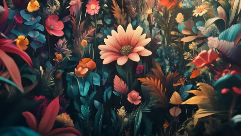 Vibrant Floral Garden Against Dark Background. Layered Botanical Composition.